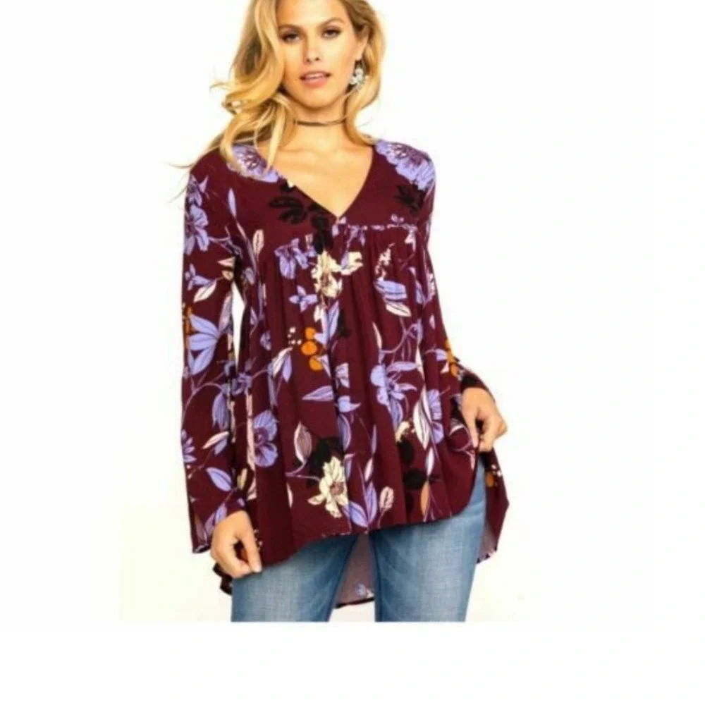 Free People Bella Floral V-Neck Babydoll Tunic Top Maroon Purple Bell Sleeve XS